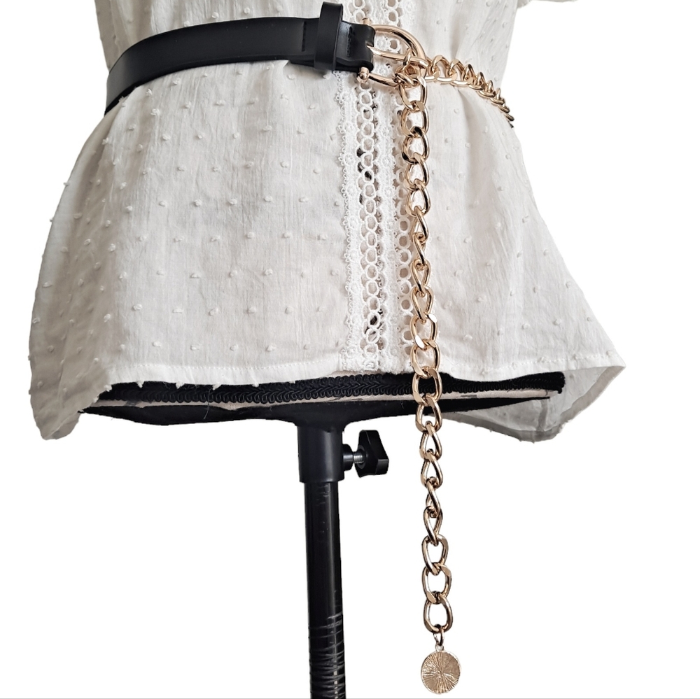 Womens edgy black Faux leather Y2K metal gold chain waist punk rock dress belt - Picture 8 of 17
